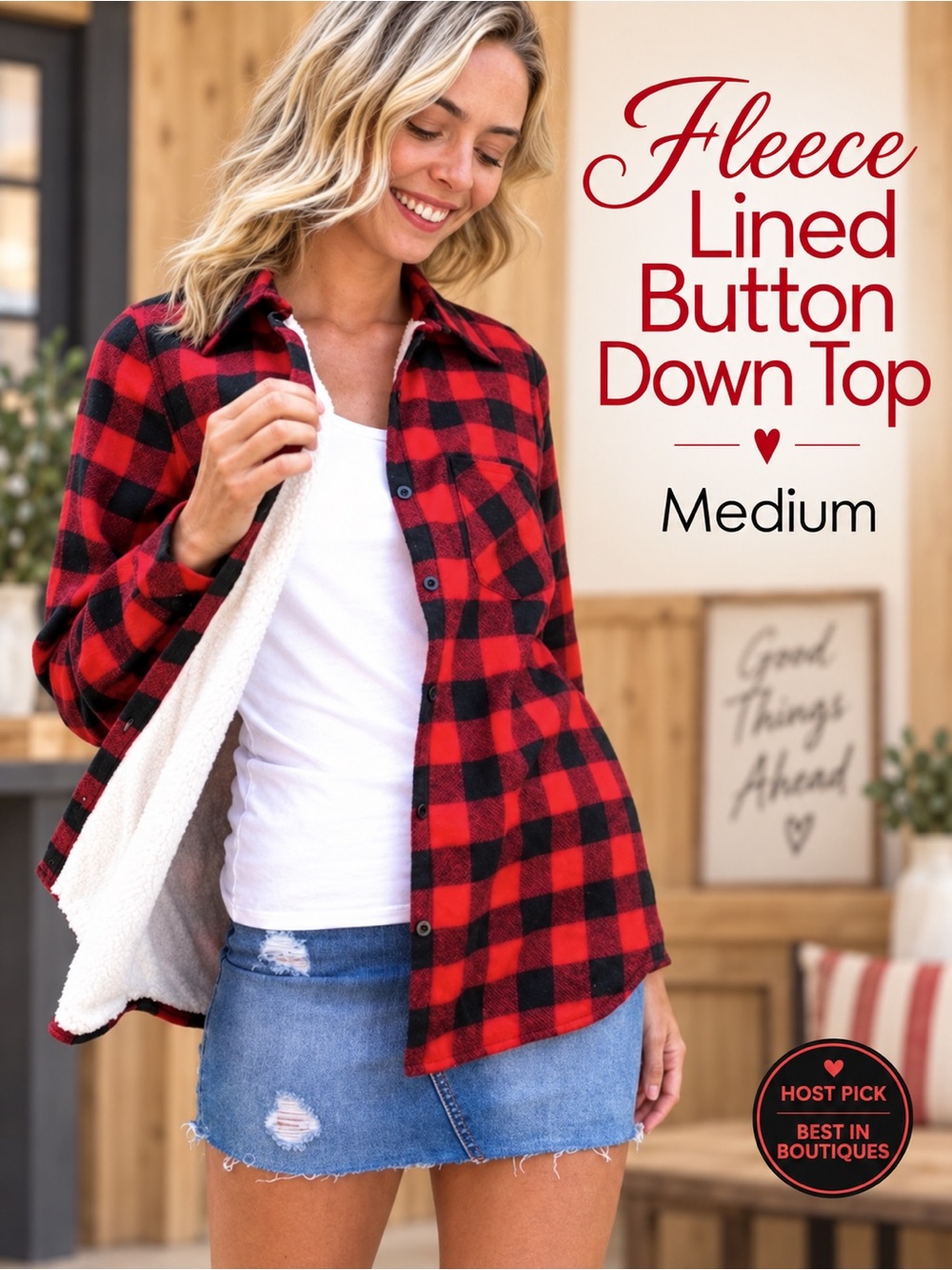 Fleece Lined Buffalo Plaid Button Down Top NEW
